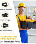 Worker holding toolbox with Four Pack Black Toggle Hasp Latches With Hardened Screws, focus on latch details and features.