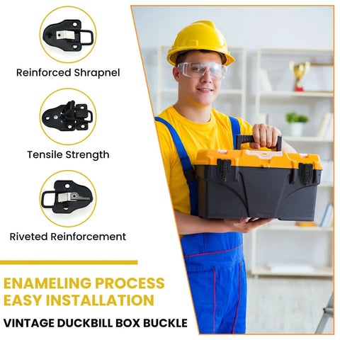 Worker holding toolbox with Four Pack Black Toggle Hasp Latches With Hardened Screws, focus on latch details and features.