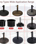 Six Piece Umbrella Base Replacement Parts Kit Includes Two 1.85 Inch Ring Plugs And Two 2 Inch Ring Plugs Plus M8 Thread Hand Knobs For Outdoor Patio Decks Backyards And Tables Black Must Have displayed with bases.