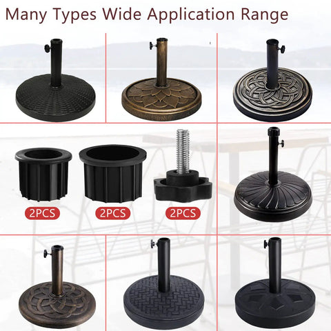 Six Piece Umbrella Base Replacement Parts Kit Includes Two 1.85 Inch Ring Plugs And Two 2 Inch Ring Plugs Plus M8 Thread Hand Knobs For Outdoor Patio Decks Backyards And Tables Black Must Have displayed with bases.