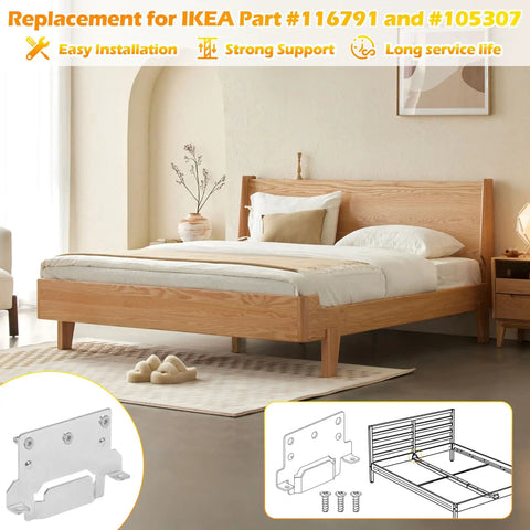 Hella Solid Galvanized Steel Bed Frame Mounting Plates Replacement And Rustproof Short Screws For Heavy Duty Furniture Assembly And Secure Bedroom Repairs That Stay Locked, featuring a wooden bed setup.