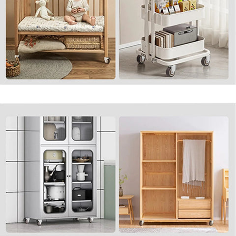 Furniture pieces with stem casters, showcasing 360 degree swivel TPR wheels for mobility on carts, dollies, and workbenches.