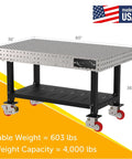 Heavy Duty Rolling Welding Fixture Table 60 X 36 Inch with steel grid top and caster wheels, showcasing weight specs.