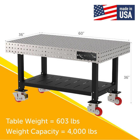 Heavy Duty Rolling Welding Fixture Table 60 X 36 Inch with steel grid top and caster wheels, showcasing weight specs.
