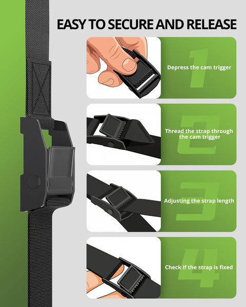 Steps to use 0.75 Inch By 48 Inch Lashing Straps With Cam Buckles, No Knots Needed, easy thread and pull tie downs, 4 pack