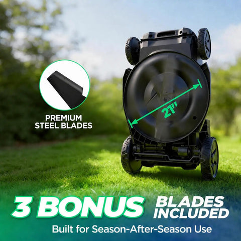 21 Inch 40V Max Brushless Cordless Electric Push Lawn Mower With Dual Battery Power, Two 20V Max 8Ah Packs Delivering 296Wh, Charger Included, Lightweight Handle, Easy Start And Precise Cut Settings For A Tidy Yard. 21-inch steel blade mower underside