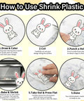 Steps to use 161 Piece Shrink Plastic Keychain Making Kit with rabbit design example, showing drawing, cutting, baking, and completion.