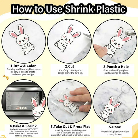 Steps to use 161 Piece Shrink Plastic Keychain Making Kit with rabbit design example, showing drawing, cutting, baking, and completion.