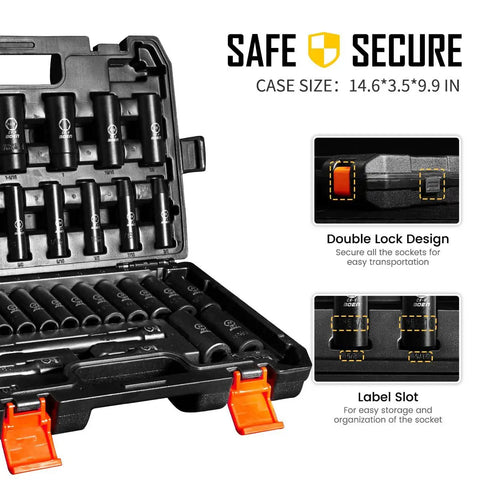 Beefy Half Inch Drive Deep Impact Socket Set 35 Piece SAE And Metric 8 To 24mm With Extensions Universal Joint And Adapters Built From CRV Steel Heavy Duty Tough Tools Double Lock Case