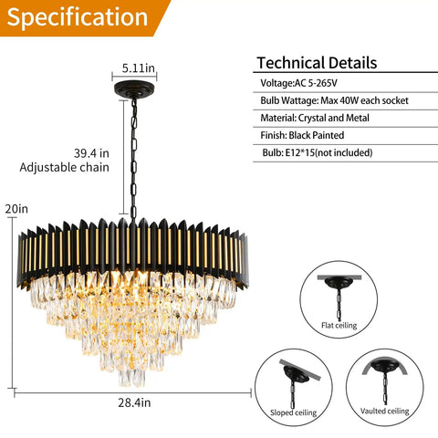 3 Tier Black And Gold Crystal Chandelier Pendant Light Fixture For Living Room Dining Room Kitchen Foyer Bedroom And Entryway, Round Flush Mount Ceiling Lighting, Adjustable Height Chain, 16 Inch Wide, technical specifications