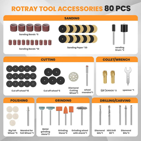 Badass 8V Cordless Rotary Tool Kit With 28000 RPM Motor And Five Adjustable Speeds Includes Eighty Versatile Accessories for sanding, cutting, polishing.