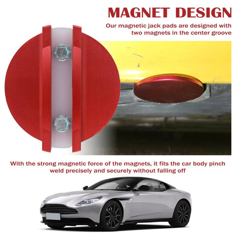 Red magnetic pinch weld jack pad for floor jacks with groove, attached to yellow surface, car shown below.