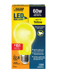Packaging of A19 Outdoor Bug Light LED Bulb, 60 Watt Equivalent, Non-Dimmable, E26 Base, 120V, Long-Lasting Yellow Light For Patios