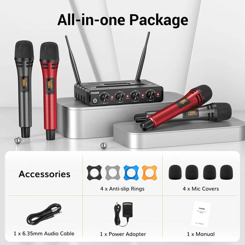 Wireless Microphone System With Four Channel UHF Handheld Mics For Karaoke Parties Church Weddings Long Range 60 Meters 200 Feet Stable Signal Red For Live Events, showing package contents including red and black mics, receiver, and accessories.