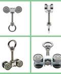 Four Wheel Trolley Assembly With Super Silent Pulley And M10 Bolt Plus Lifting Eye Nut For Use With One And Five Eighths Inch Wide And Taller Strut Channels Pack Of Two Heavy Duty Construction For Versatile Industrial Use And Smooth Quiet Operation, shown from various angles.