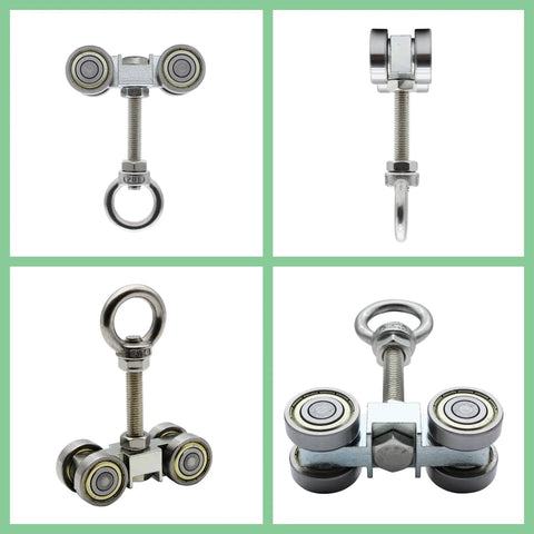 Four Wheel Trolley Assembly With Super Silent Pulley And M10 Bolt Plus Lifting Eye Nut For Use With One And Five Eighths Inch Wide And Taller Strut Channels Pack Of Two Heavy Duty Construction For Versatile Industrial Use And Smooth Quiet Operation, shown from various angles.