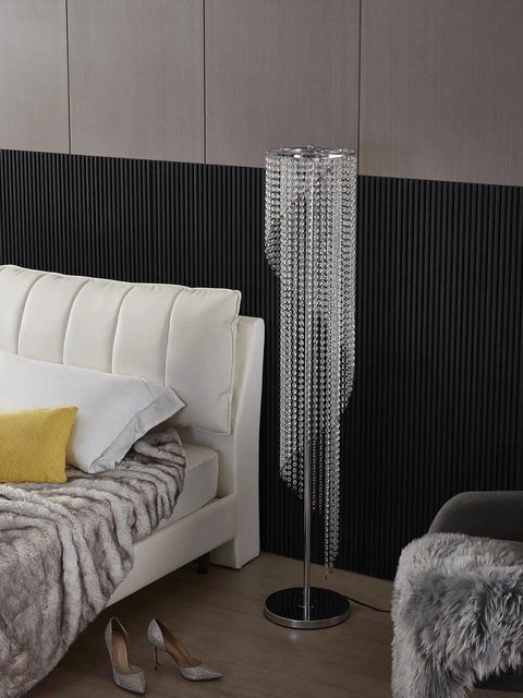 Silver Crystal Floor Lamp In S Shape With Chrome Finish in a modern bedroom setting