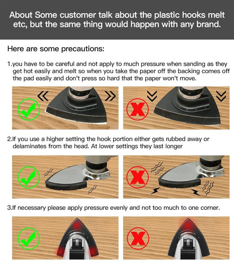 All In One Oscillating Tool Sanding Pads Kit With Triangle And Finger Pads 100 Pcs Sandpaper precautions illustration.
