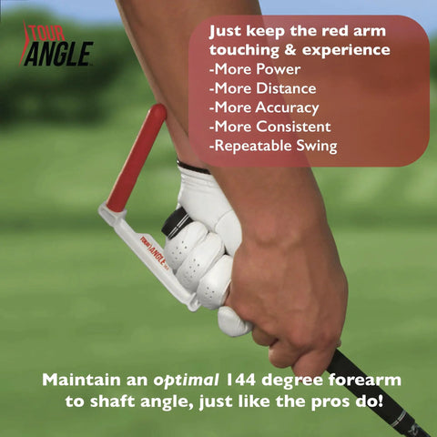 Right Hand Golf Wrist Hinge Trainer Improves Swing Posture And Stance, device shown with optimal forearm to shaft angle