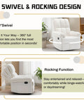 Beige Chenille Swivel Rocker Recliner For Adults In Small Spaces with swivel and rocking design, side view showcasing recline angle.
