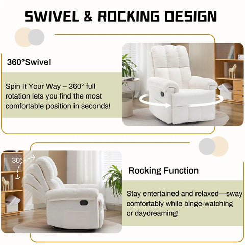 Beige Chenille Swivel Rocker Recliner For Adults In Small Spaces with swivel and rocking design, side view showcasing recline angle.