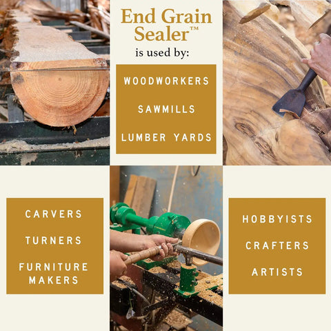End Grain Sealer Clear 1 Gallon For Woodworkers And Carvers, images of woodturning, carving, and sawmilling applications.