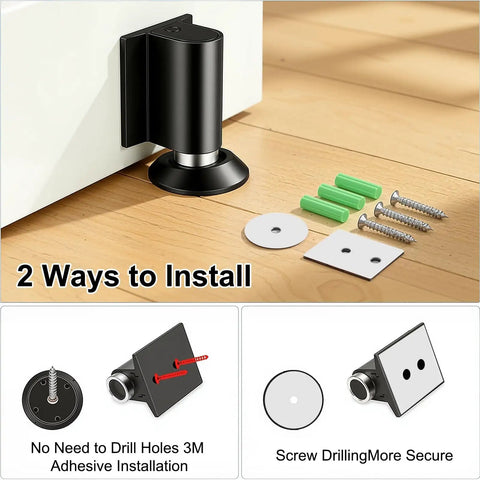 Stainless Steel Magnetic Door Stopper With Retractable Catch For Easy Open No Drill Or 3M Adhesive Install Screws Included Fits Gaps Up To One Point Four Inches Keeps Doors Open Securely Black Finish 1 Pack installed showing parts