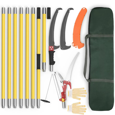 Extendable Pole Saw For Tree Trimming With 7.3 To 27 Ft Reach Long Handle Pruner Sharp Steel Blade And Scissors Lightweight Epoxy Resin Poles High Branches Pruning Includes Heads Spare Saw And Carry Bag displayed.