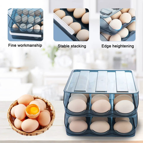 2 Layer Stackable Blue Egg Storage Box With Lid For Refrigerator Large Capacity 36 Count Egg Organizer In Clear Plastic