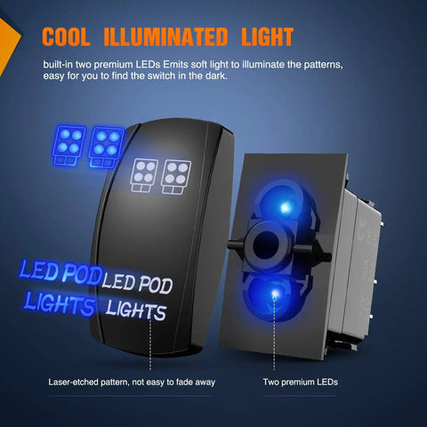 Led Pod Lights With 5 Pin SPST Rocker Switch On Off 12V 20A 24V 10A Jumper Wires illuminated with blue LEDs