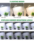 Two Head LED Reading Light With Clip, USB Rechargeable Desk Lamp showcasing three lighting modes and stepless dimming options.