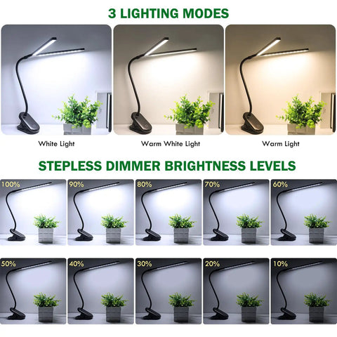Two Head LED Reading Light With Clip, USB Rechargeable Desk Lamp showcasing three lighting modes and stepless dimming options.