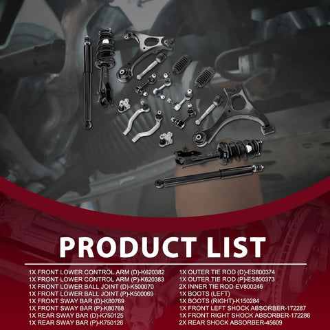 Beefed-Up 18 Piece Front Lower Control Arm Ball Joint Sway Bar Link Tie Rod Boot Rear Shock Absorber Suspension Kit for Honda Civic