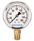 Front view: Measureman RV pressure gauge, 0–160 psi, glycerin-filled, stainless steel case, 2 in dial, 1/4 in NPT mount