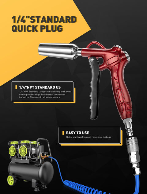 High Volume Air Blow Gun With Powerful Flow Nozzle, Retro Red Air Blower Gun With 4.9 Inch Stainless Steel Extension And 1/4 Inch Quick Plug