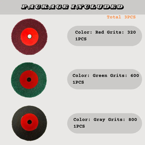 Three Pack 4 Inch Bench Grinder Polishing Wheels Set With 320 600 800 Grit Tight Weave Burnishing Nylon Flap Wheels colors shown