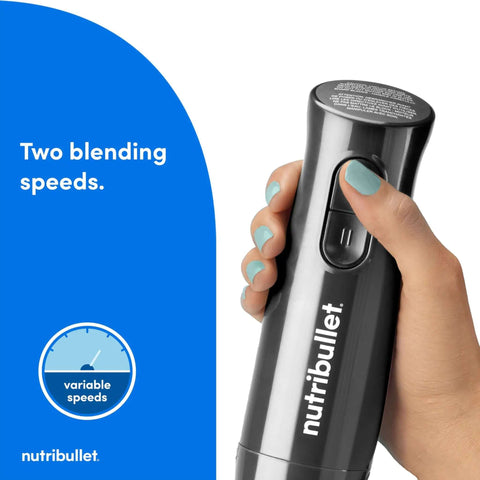 Heavy Duty Yet Slick Handheld Immersion Blender With Rugged Stainless Shaft And Versatile Whisk Hook For Pureeing Soups, two blending speeds shown.