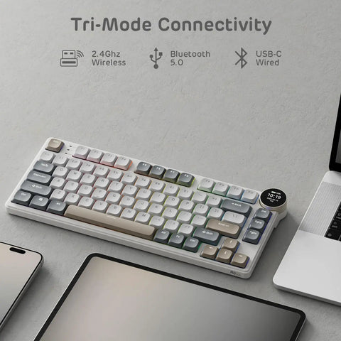 Dope Low Profile Mechanical Keyboard With Smart Display Screen And Rotary Knob Control Wireless Keypad Featuring Custom RGB Backlighting, tri-mode connectivity view.