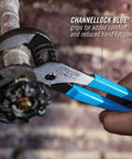 Versatile 10 Inch Tongue And Groove Pliers With Straight Jaw gripping a pipe, featuring Permalock joint and blue comfort grips.
