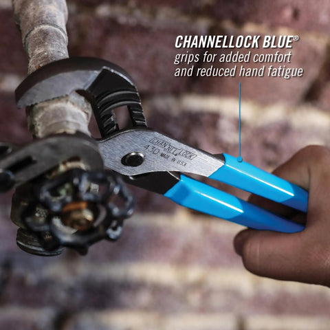 Versatile 10 Inch Tongue And Groove Pliers With Straight Jaw gripping a pipe, featuring Permalock joint and blue comfort grips.