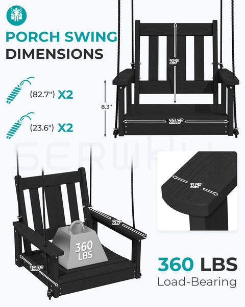 HDPE Single Porch Swing For Outdoors Heavy Duty One Person Adirondack Chair With Durable Polypropylene Ropes Black Cozy