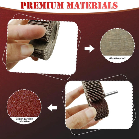 Hands holding sandpaper flap wheel showing abrasive cloth and silicon carbide materials for 60 Piece Sandpaper Flap Wheel Kit With 80 Grit Flap Wheels And Quarter Inch Shank For Drill Use Abrasive Sanding Drum For Metal Wood Plastic Efficient Polishing And Rust Removal Cylindrical And Conical Heads For Contour Sanding.