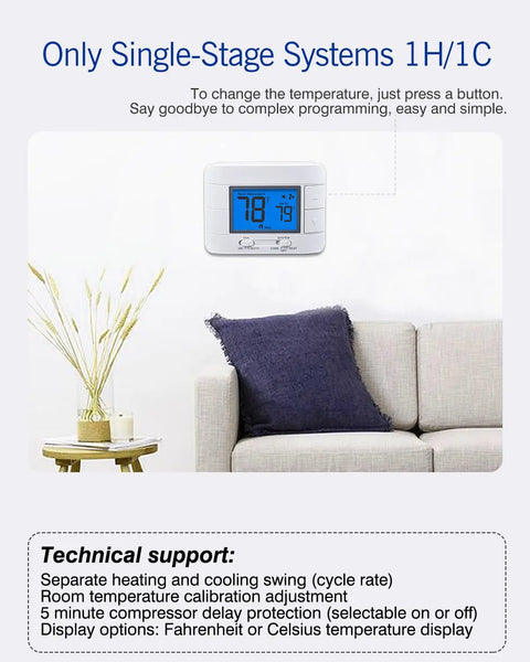 Non Programmable Thermostat For Home 24V 1 Heat 1 Cool Single Stage HVAC Control With Humidity Display And LCD Blue Backlit Screen on wall
