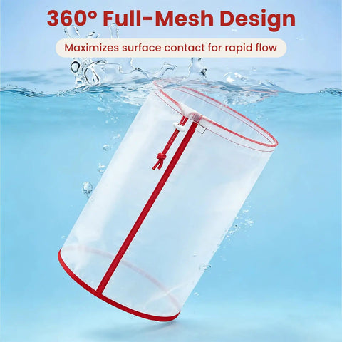 Eight Pack Nylon Mesh Filter Bag submerged showing 360° mesh design for 5-gallon buckets, part of hydroponics filtration set.