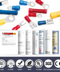 Insulated Crimp Wire Connector Terminal Kit 200 PC Assortment with ring, butt, and spade connectors and certification documents.