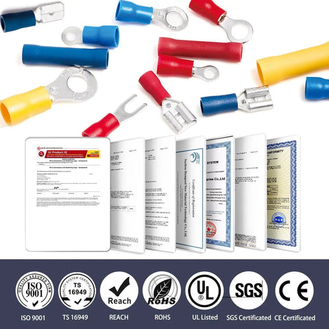 Insulated Crimp Wire Connector Terminal Kit 200 PC Assortment with ring, butt, and spade connectors and certification documents.