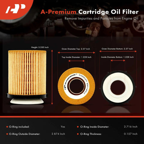 10K Miles Protection Oil Filter For Mercedes Benz C300 C350e with dimensions and cross-sectional view of cartridge filter.