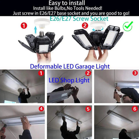 Adjustable Deformable LED Garage Lights With Five Flexible Panels Installed in Garage, E26/E27 Socket
