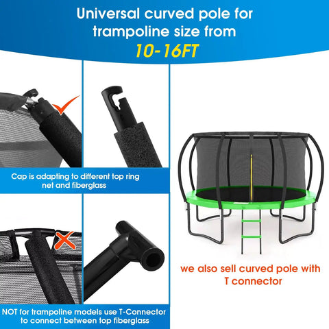 Universal drop right in fit Top Shelf Trampoline Curved Net Pole Replacement Set for 10-16 ft trampolines with foam pads.