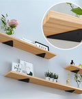 Heavy Duty Triangle Shelf Brackets 4 Pack Rock Solid Invisible Wall Supports Knockout Load Capacity Matte Black Iron Corner Braces on wooden shelves.